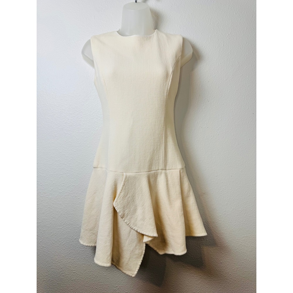 Oscar de la Renta Cream Textured Crepe Asymmetric Ruffle Drop Waist Dress